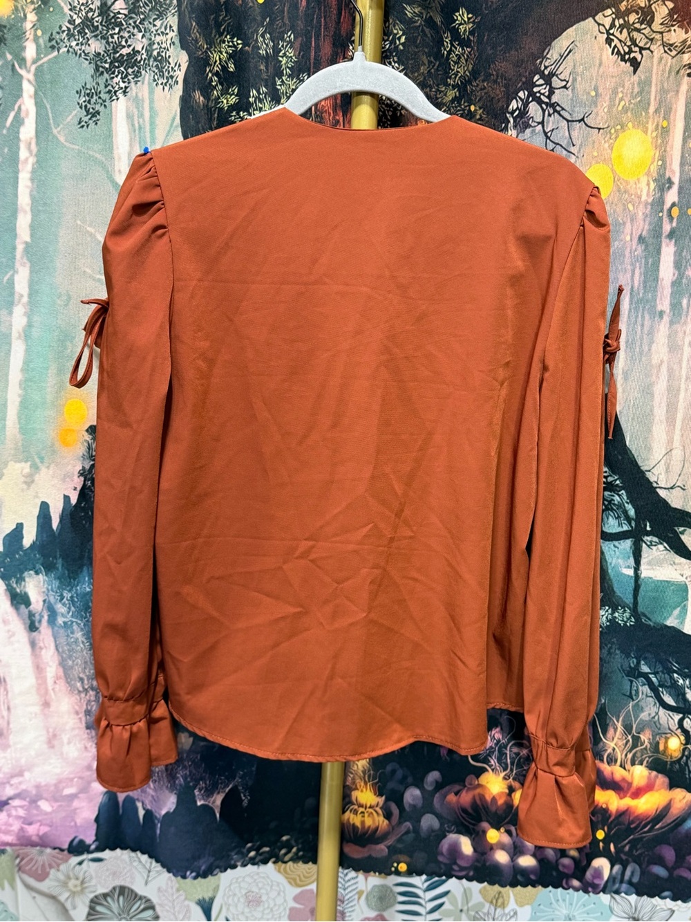 By Malene Beauty Rust Boho Crochet Trim Pearl Button Blouse - Picture 9 of 10
